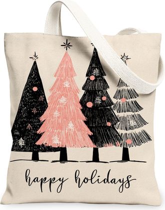 Generic Holiday Trees Canvas Tote Bags, Festive Winter Plant Pattern Reusable Shopping Bags, Lightweight Washable Shoulder Strap Ca, Beige, 13x15 Inch