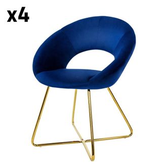 ML Design 4x Sillas de comedor aspecto terciopelo azul patas de metal doradas