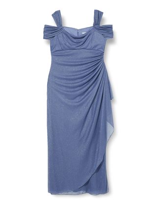 Gina Bacconi Cold Shoulder Glitter Mesh Dress with Draped Skirt & Cowl Neckline, Blue, 10