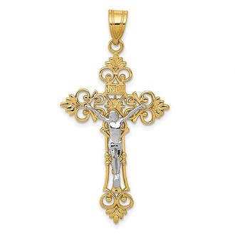 Diamond2Deal 10K Two-tone Large Lacey-edged INRI Crucifix Pendant