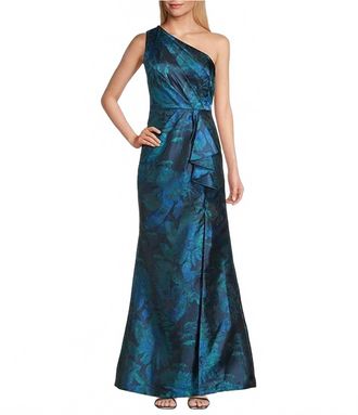 Adrianna Papell One-Shoulder Jacquard Evening Gown In Cobalt Multi