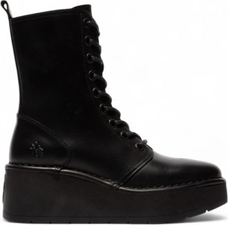 FLY London Fly London Womens Black HAIT273 Leather Lace-up Chunky Platform Ankle Boots