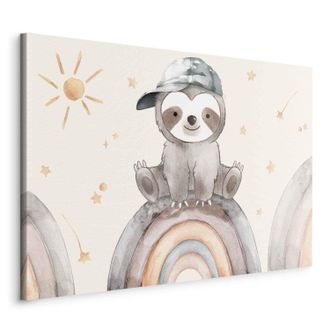 OEM Imagen - Perezoso Feliz - Un Perezoso De Colores Apagados Con Una Gorra De B&eacute;isbol Sentado Sobre Un Arco&iacute;ris Entre Estrellas / Animal Entre Estrellas 
