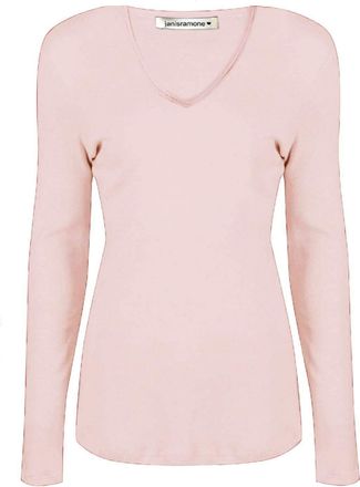 Janisramone Womens Ladies V Neck Long Sleeve T-Shirt Stretchy Plain Jersey Slim Fit Casual Basic Tee Tops Nude