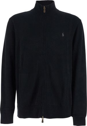 Polo Ralph Lauren Black Cardigan With High Neck And Pony Embroidery On The Front In Wool Man