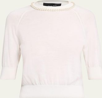 Simone Rocha Pearly Embellished Merino Wool Short-Sleeve Sweater