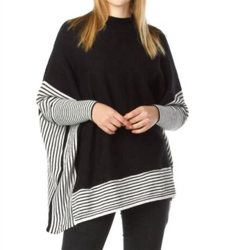 Papillon Knit Sleeved Poncho With Stripe Contrast Border In Black