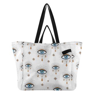 Generic Evil Eyes Stars White print Reusable Canvas Tote Bag, Heavy Duty Grocery Shopping Bag with Hard Bottom Double Handles Large Capacity Work Groceries Tr