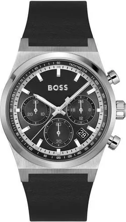 BOSS Candor Chronograph Leather Strap Watch, 41mm in Black Dial at Nordstrom Rack