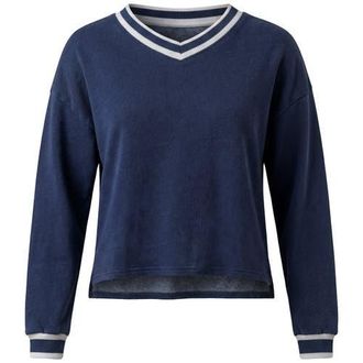 FYI Denim French Terry V-Neck Striped Rib Crop Top in Dark Denim at Nordstrom, Size X-Small