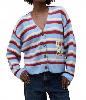 Daydreamer Stripe V-Neck Slouch Cardigan In Blue/red/cream