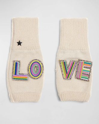 Jocelyn Embellished LOVE Knit Wool-Blend Fingerless Gloves