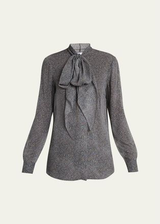 Gabriela Hearst Shildon Herringbone Silk Bow Button-Down Top