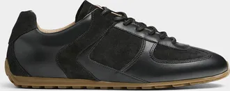 Simons Mens Black leather and suede low sneakers Men