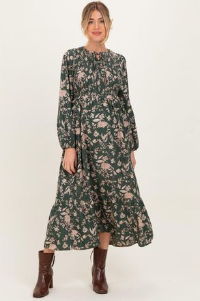 Pinkblush Floral Smocked Long Sleeve Midi Dress in Olive Green at Nordstrom, Size Small