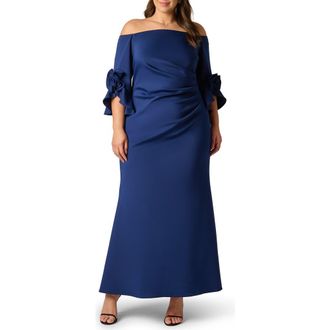 Adrianna Papell Rosette Off the Shoulder Scuba Crepe Gown in Navy Sateen at Nordstrom, Size 18W