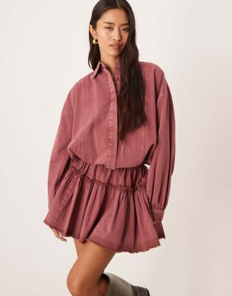 Asos Vestito camicia corto a maniche lunghe bordeaux allacciato in vita-Rosso