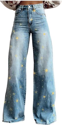 Generic Women Wide Leg Jeans Plus Size High Waisted Denim Pants Floral Print Baggy Loose Bootcut Jeans Pockets Ladies Full Length Lounge Pants Trendy Going Ou