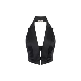 Elisabetta Franchi Sleeveless Tops, female, Black, Size: L Satin Waistcoat with Straps