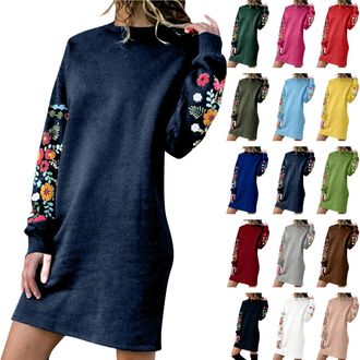 Generic Winter Dresses for Women UK Elegant Plus Size Ladies Long Sleeve Dress Midi Length Casual Party Wear Autumn Floral Embroidery Sweatshirt Tunic Dress