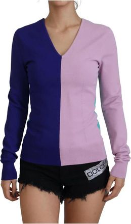 Dolce & Gabbana V-hals Gebreide Color Block Trui - Dames - V-hals truien - Veelkleurig - S - Polyester - Truien & Vesten