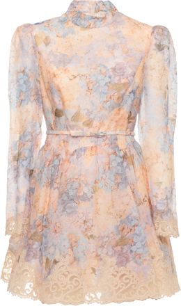 Zimmermann Peach Pink Mini Dress With Ivory Lace And Bow Belt