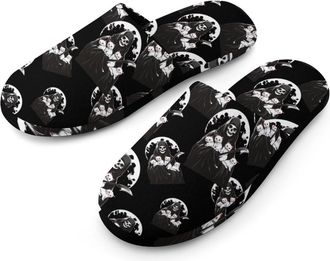 Generic Grim Reaper Skull Cat Flannel Mens Slip-on Slippers Winter Warm House Shoes with Rubber Sole for Home Hotel