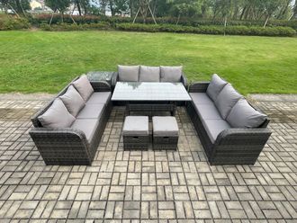 Fimous Patio Rattan Garden Furniture Set with Oblong Rectangular Dining Table 2 Small Footstools Side Table 11 Seater Outdoor Lounge Sofa Set
