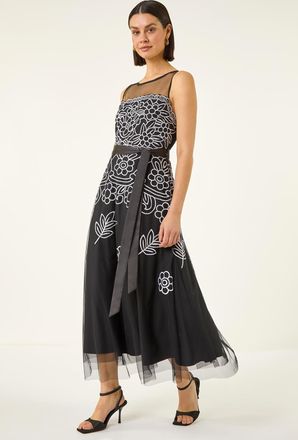 Roman Floral Embroidered Mesh Midi Dress