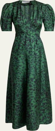 Gabriela Hearst Larkin Printed Satin Puff-Sleeve Midi Dress