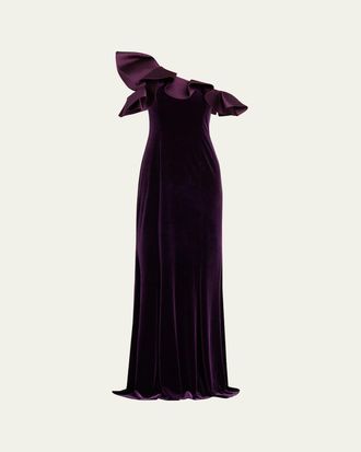 Teri Jon One-Shoulder Ruffle Velvet Gown