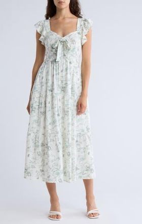 August Sky Smocked Bow Detail Midi Dress in Sage Multi at Nordstrom Rack, Size Large
