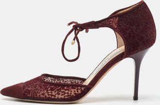 Jimmy Choo London Burgundy Velvet Mesh And Suede Vince Ankle Tie Sandals