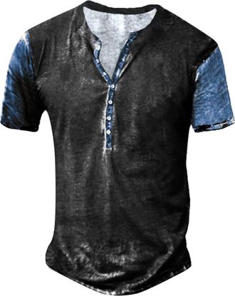 Generic Mens Casual T-Shirt Workwear Shirt Mens Casual Tops Chinese Distressed Grandad Collar Short Sleeved Button Down Henley Shirts Mens Black Tshirt 4XL (B