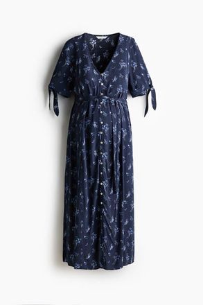 H&M Mama tie-belt viscose dress in Dark Blue/floral at Nordstrom, Size Xx-Large