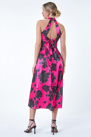 DUSK Womens Floral Satin Look Halterneck Midi Dress - Pink - Size 14 UK