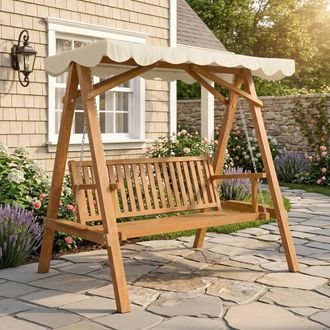 OUTSUNNY 2 Seater Wooden Garden Swing Chair Seat Hammock Bench Lounger in Natural