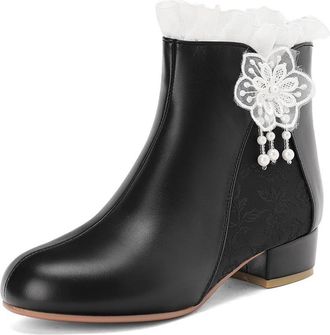 Generic Womens Ankle Boots Round Toe Chunky Block Heels Lace Ruffle Pearl Flower Decor Comfortable Non-Slip Wear-Resistant for Tea Party Lolita Outfit Casual 