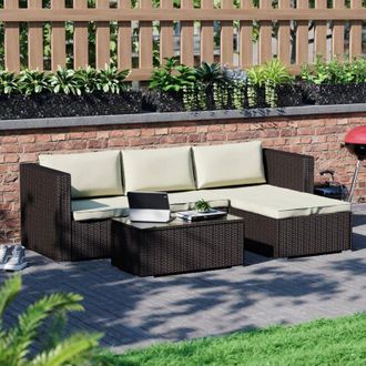 Home Discount Hampton Rattan Garden Furniture 4 Seater Outdoor Corner Sofa Table Set, Brown-No-Cover