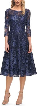 La Femme Beautiful Lace Tea Length Gown with Three-Quarter Sleeves in Navy at Nordstrom, Size 14