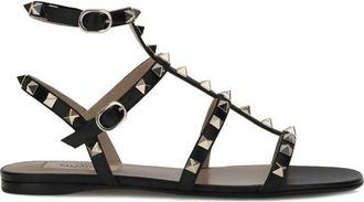 Valentino Garavani Black Calf Leather Bos Taurus Flat Womens Sandals