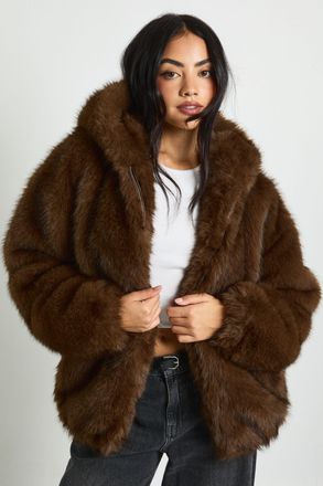 Boohoo Womens Premium Faux Fur Hooded Jacket - Chocolate - Size 14 UK