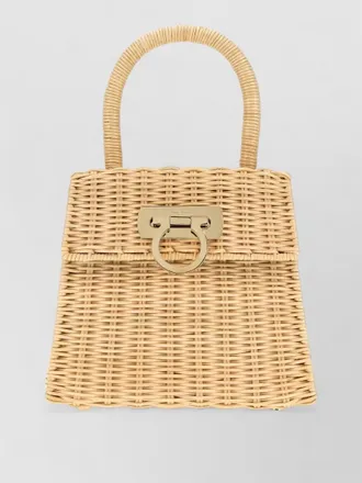 Ferragamo raffia tote handbag gold tone hardware