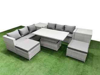 Fimous 7 PCs Rising Dining Table Set Rattan Furniture Set with 3 Seater Sofa in Light Grey