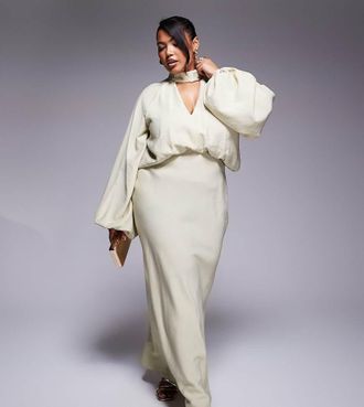 Asos Curve ASOS DESIGN Curve high neck plunge maxi dress with blouson sleeves in soft green