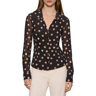 Sanctuary Mesh Button-Down Shirt in Popspot Black at Nordstrom, Size X-Small