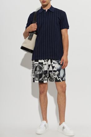 Versace Cotton Polo With Monogram, Mens, Navy Blue