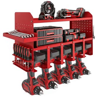 OUTSUNNY Organizador De Herramientas El&eacute;ctricas De Jard&iacute;n De Pared Para 5 Taladros Con Bandeja Lateral Y 4 Ganchos, Para Garaje, Taller, Rojo