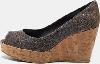 Stuart Weitzman Grey Lurex Fabric Anna Cork Wedge Platform Peep Toe Pumps