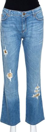 Roberto Cavalli Blue Distressed Denim Embellished Patch Jeans